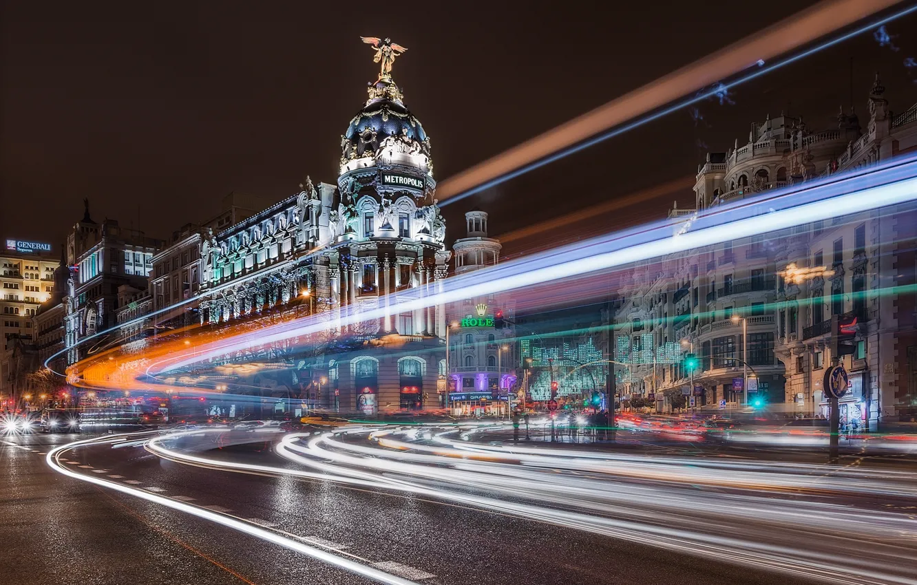 Фото обои дорога, ночь, город, здания, выдержка, Испания, Madrid, Мадрид