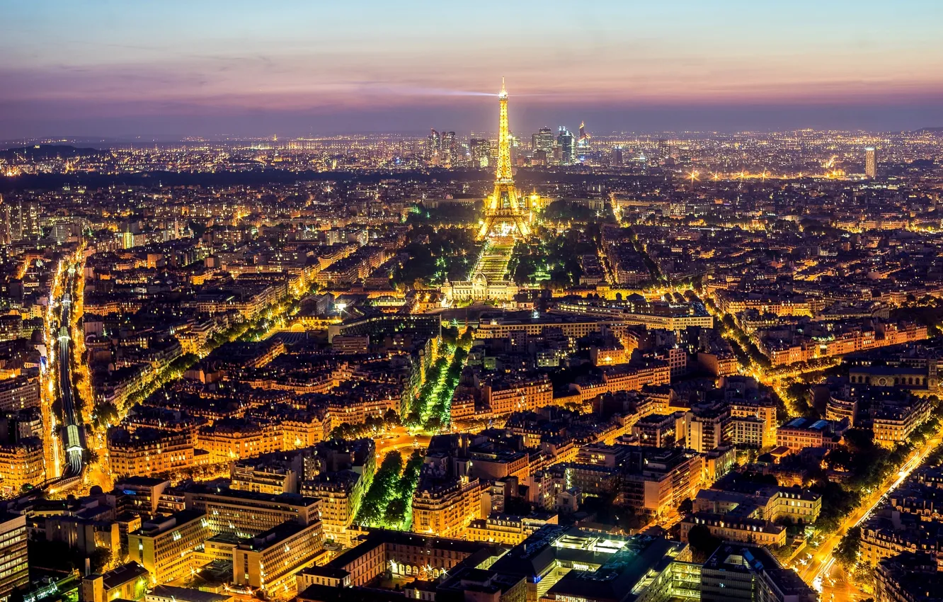 Фото обои свет, ночь, город, огни, Франция, Париж, здания, дороги