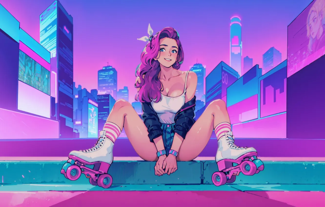 Фото обои long hair, neon, smiling, anime girls, bent legs, bare shoulders, collarbone, looking at viewer