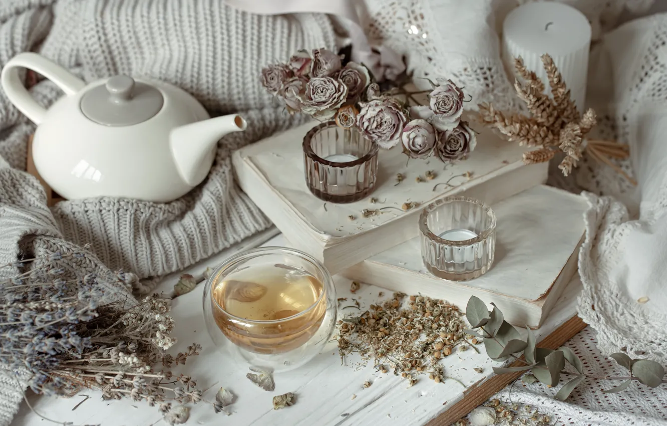 Фото обои цветы, стиль, чай, свечи, чайник, плед