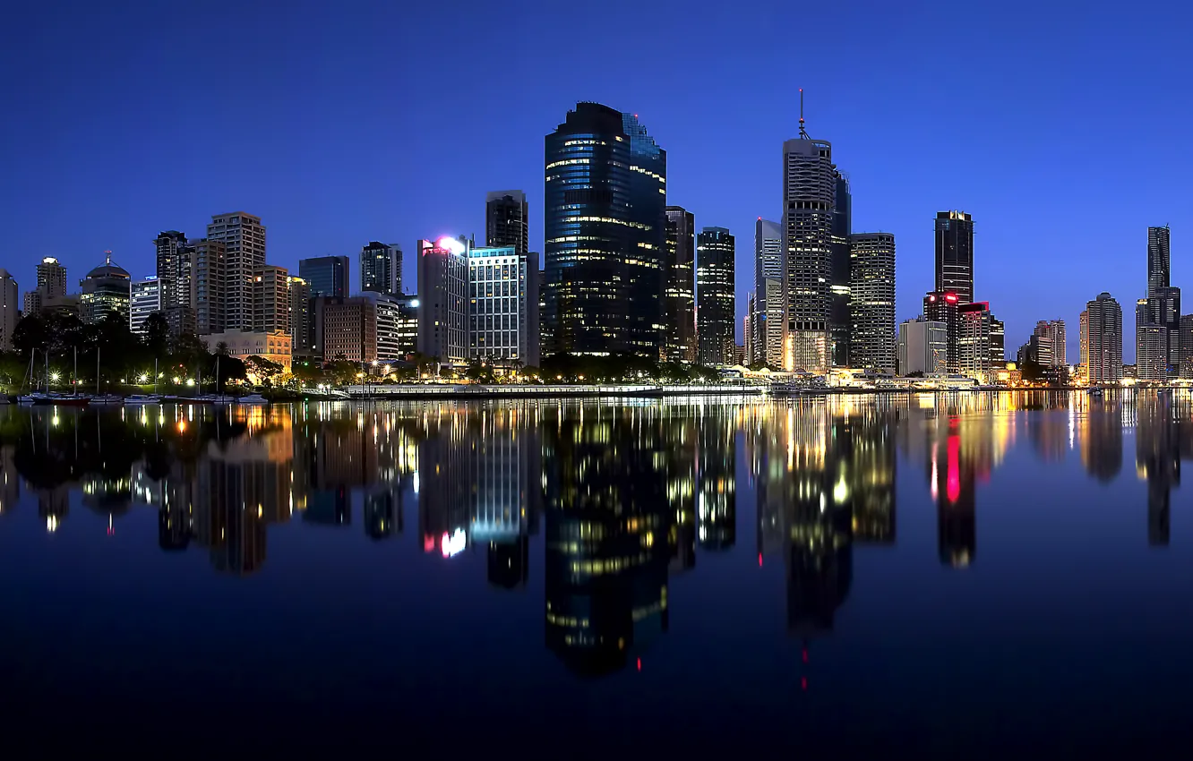 Фото обои ночь, огни, отражение, река, небоскребы, подсветка, Австралия, мегаполис