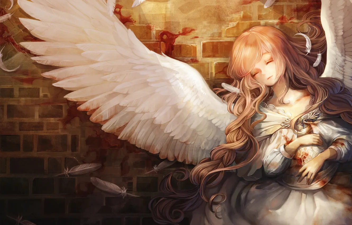 Фото обои девушка, кровь, крылья, ангел, аниме, перья, арт, aka tonbo