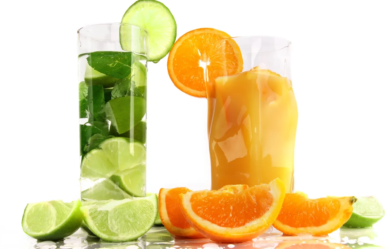 Фото обои green, ice, leaves, drinks, glasses, lemons, oranges, nutritional drinks