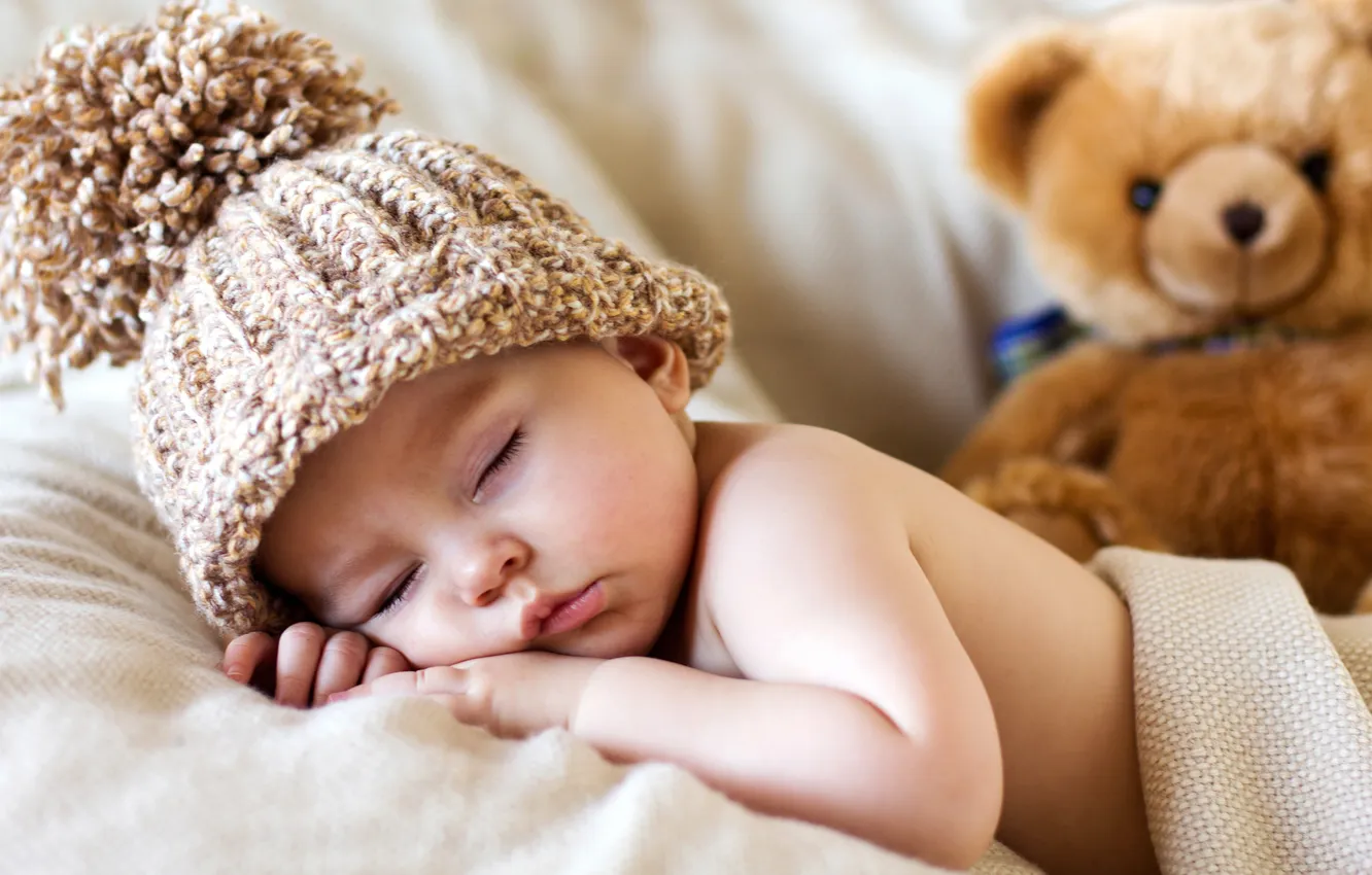 Фото обои сон, мишка, ребёнок, шапочка, младенец, мягкая игрушка