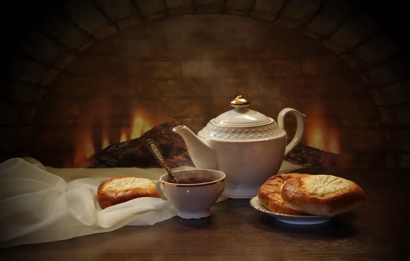 Фото обои чай, чайник, очаг, ватрушки