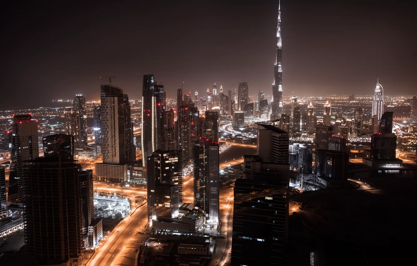 Фото обои ночь, city, огни, дома, панорама, Дубай, Dubai, высотки