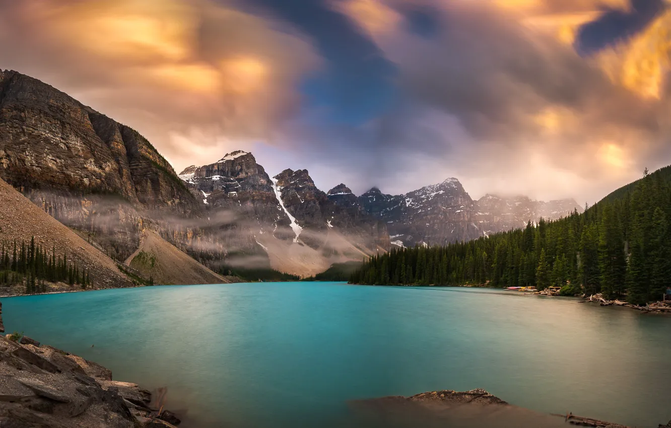 Фото обои лес, облака, горы, озеро, Канада