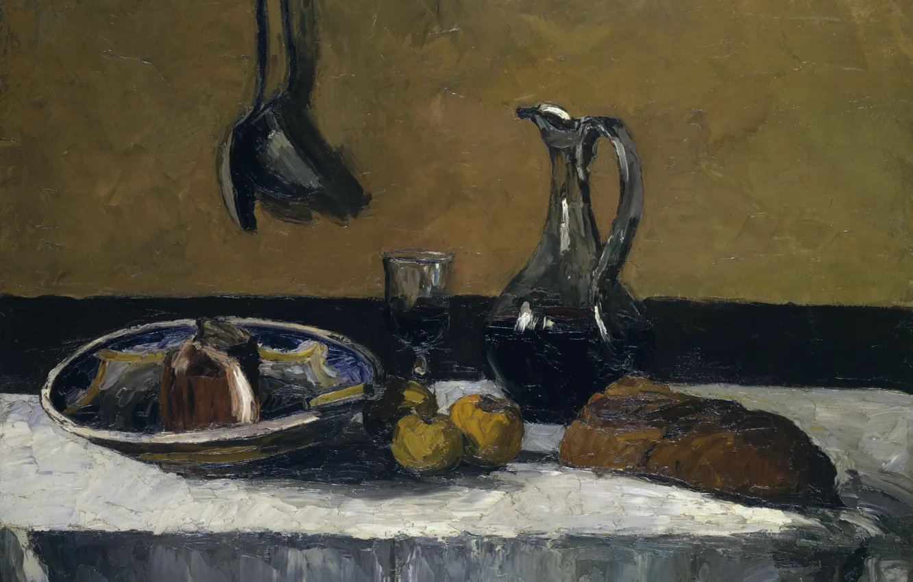 Фото обои стол, бокал, картина, хлеб, кувшин, Натюрморт, Камиль Писсарро