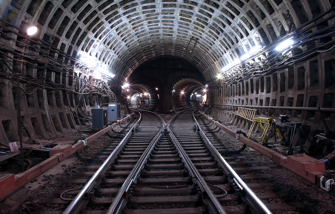 Фото обои Подземка, Метро, Москва, Тунель, Рельсы, Шпалы