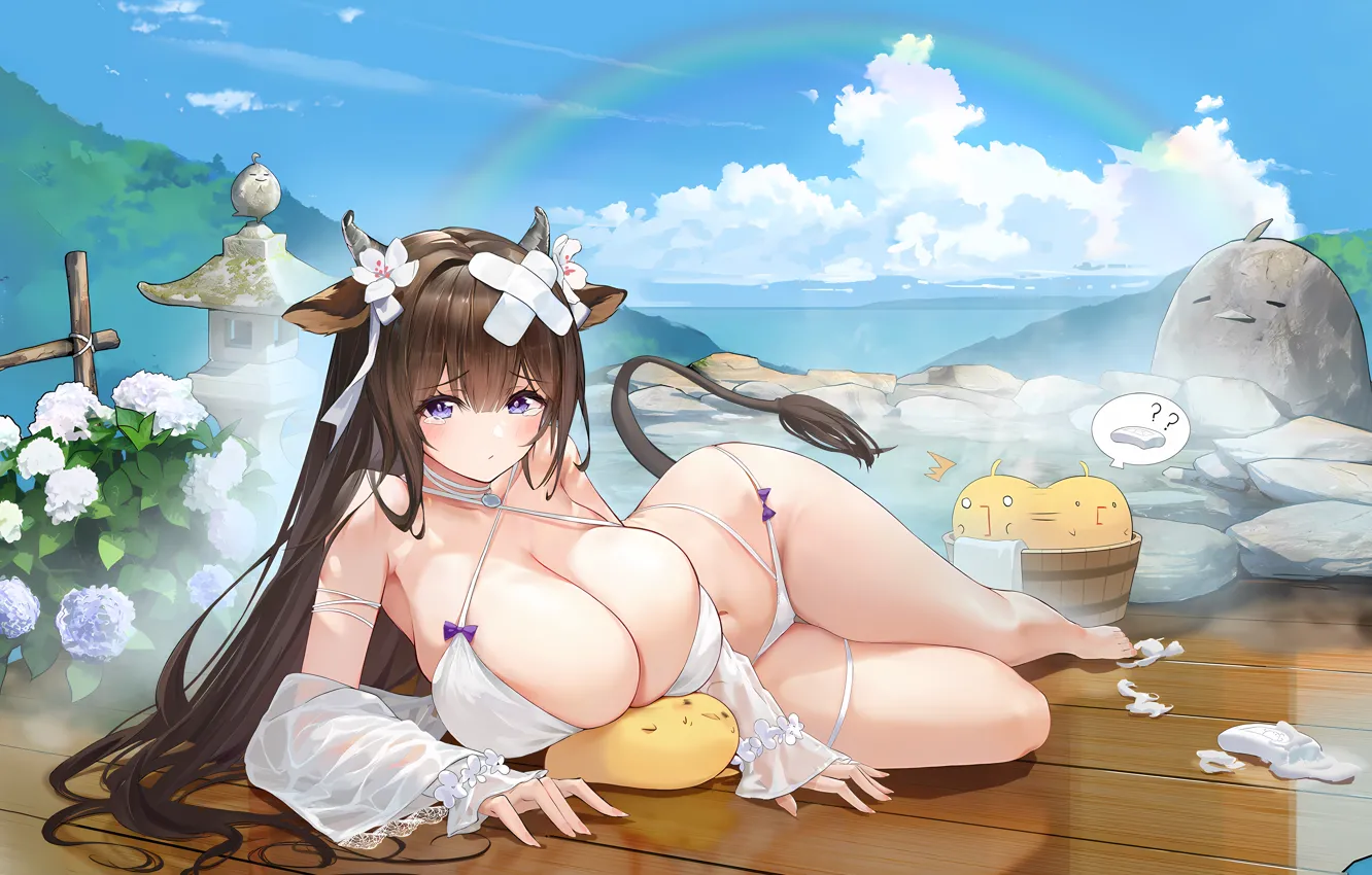 Фото обои rainbow, girl, sexy, cleavage, horns, sky, long hair, legs