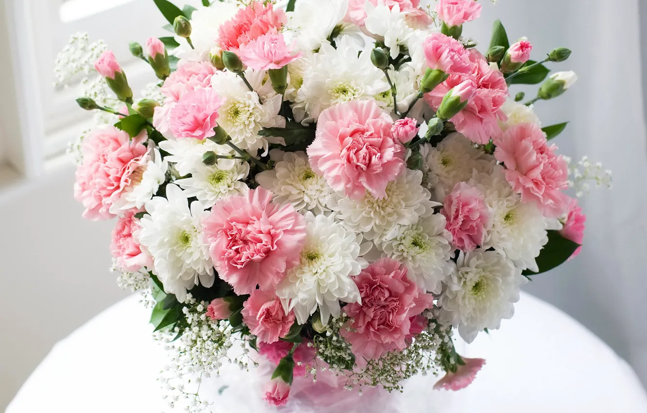 Фото обои нежные, хризантемы, lovely, гвоздики, Bouquets, Chrysanthemums
