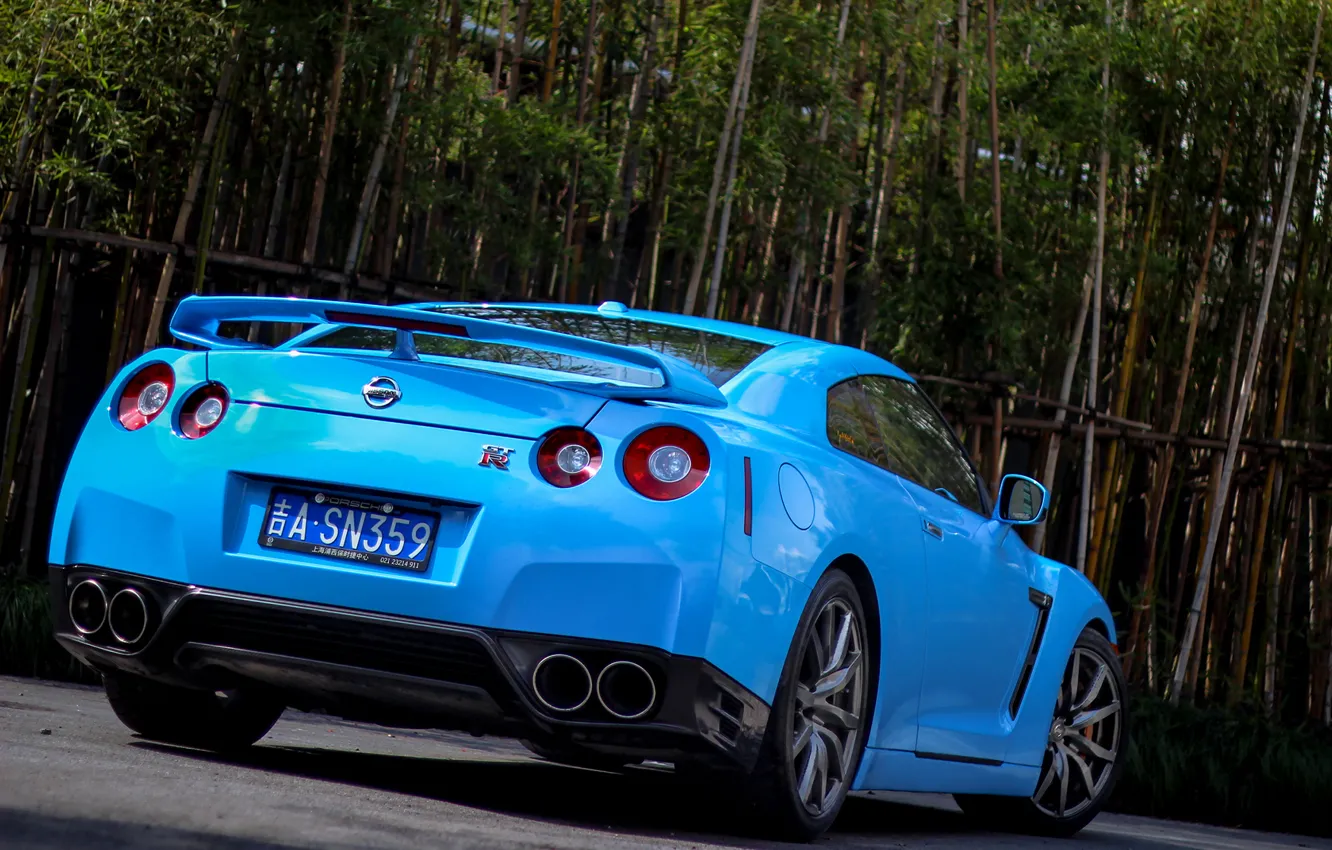 Фото обои Nissan, blue, gtr, bamboo, back, r35