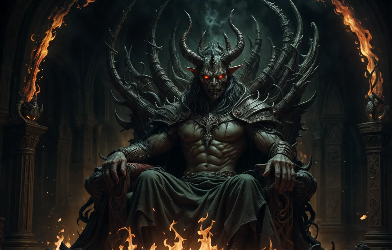 Фото обои demon, fire, devil, red eyes, evil, cinematic, AI art