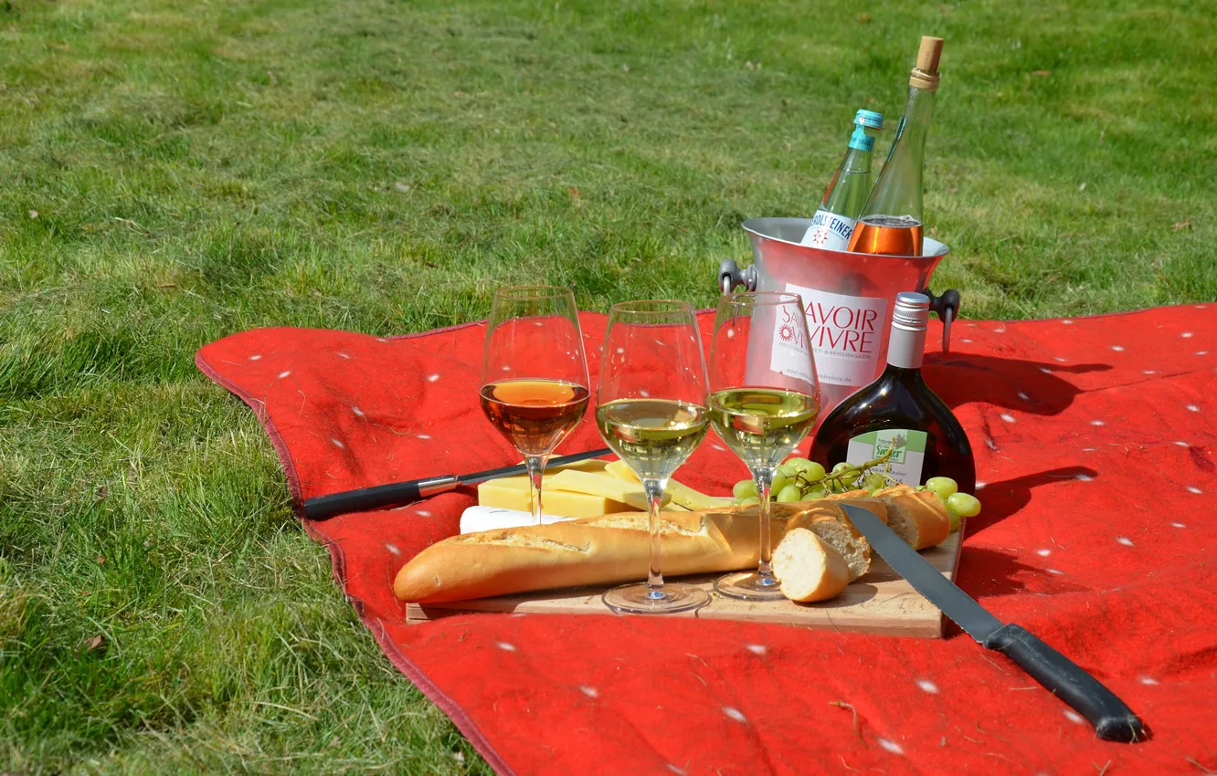 Фото обои вино, сыр, бокалы, хлеб, виноград, нож, доска, пикник