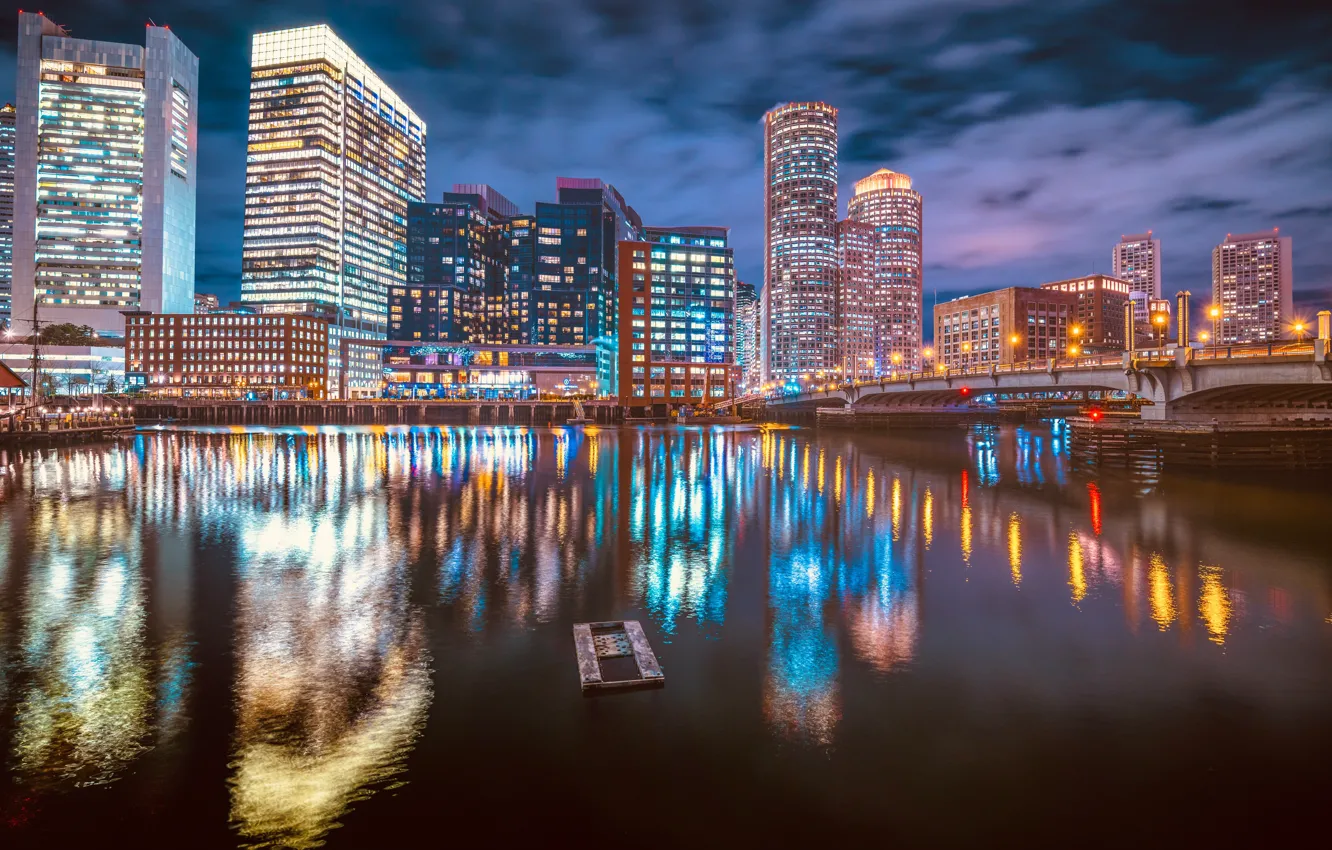 Фото обои мост, здания, дома, канал, ночной город, небоскрёбы, Бостон, Boston