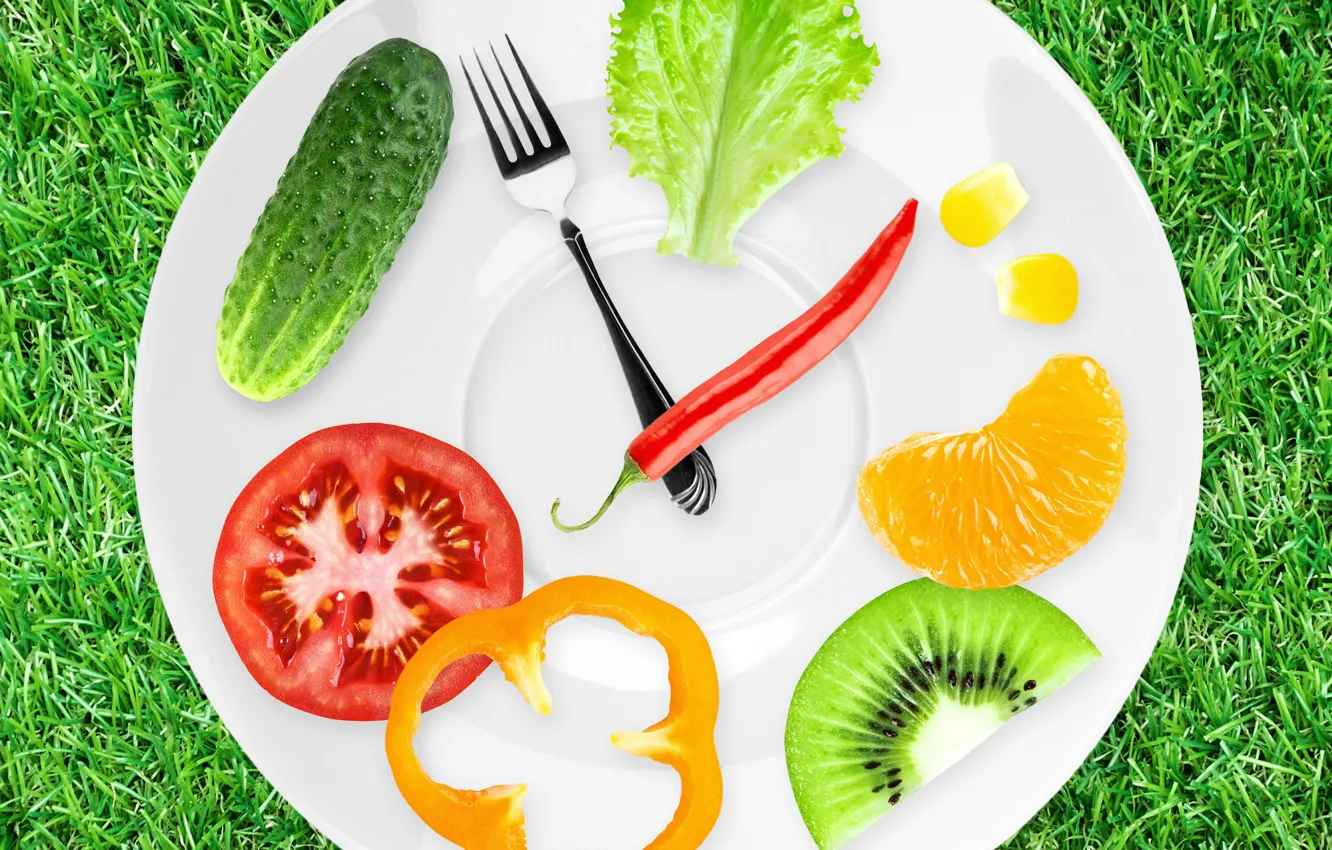 Фото обои часы, киви, тарелка, перец, фрукты, вилка, овощи, помидор