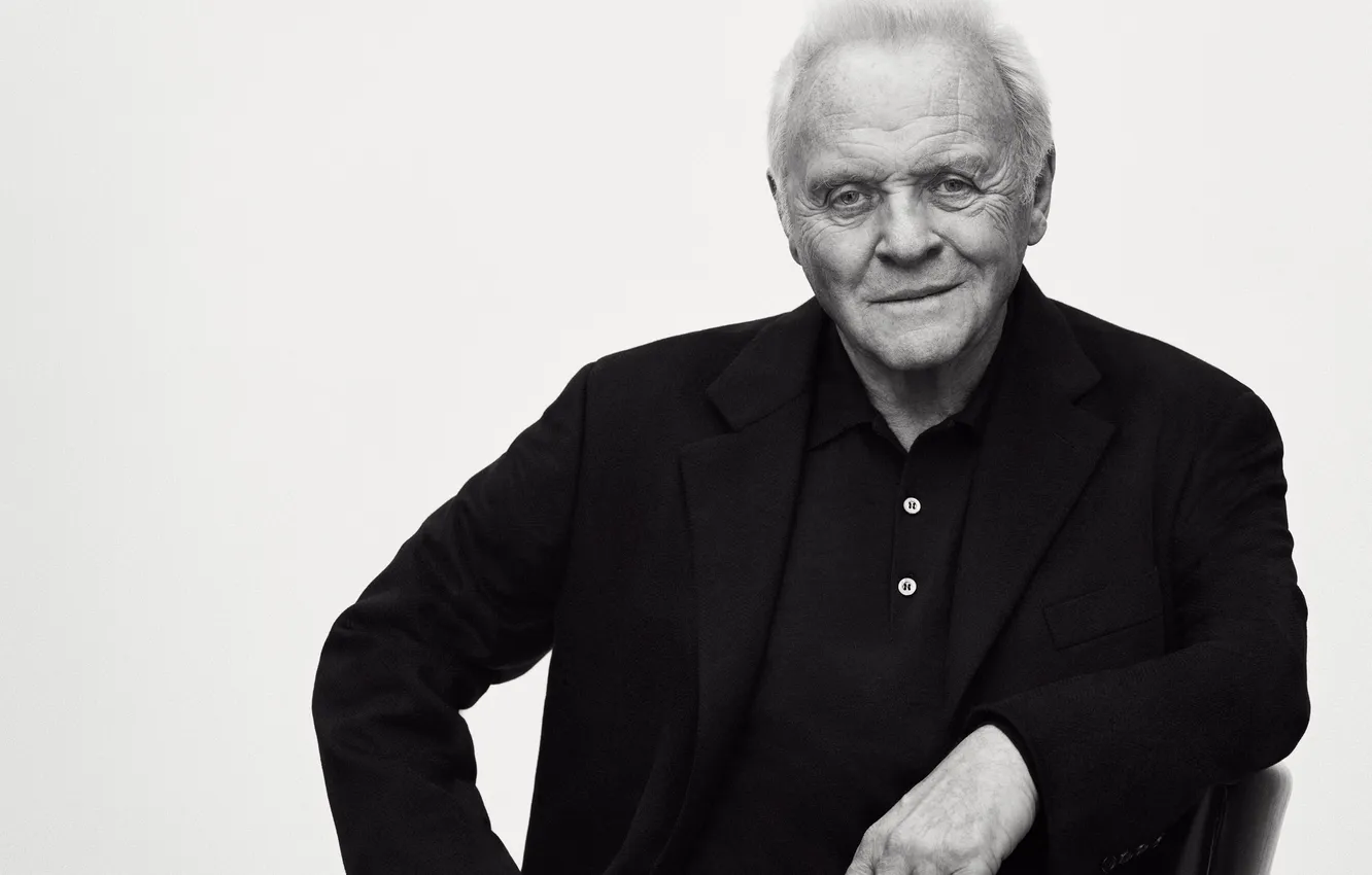 Фото обои портрет, белый фон, черно-белое, актёр, Энтони Хопкинс, Anthony Hopkins