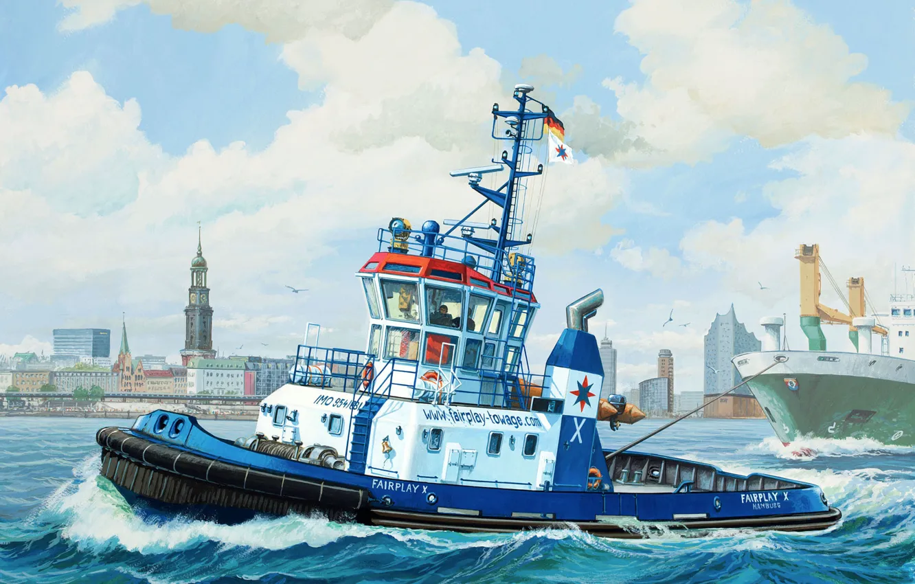 Фото обои art, painting, ship, boat, Harbour Tug Boat &ampquot;Fairplay&ampquot;