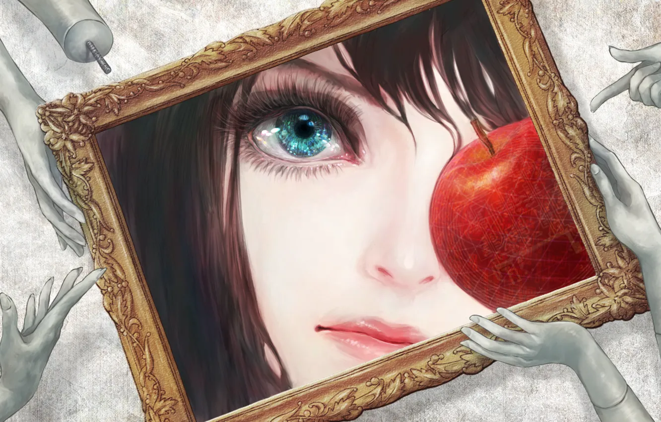Фото обои глаз, рама, яблоко, картина, руки