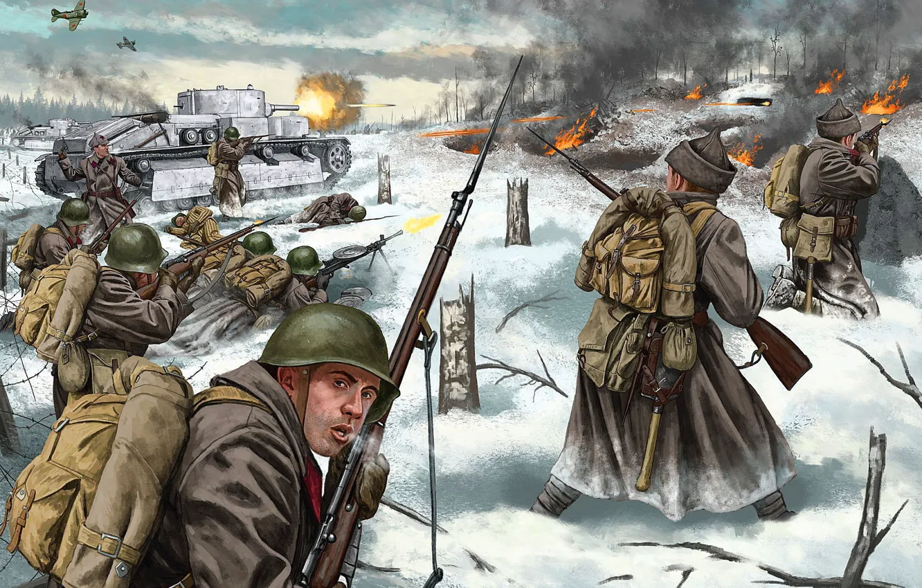 Фото обои Бой, Солдаты, Танк, Выстрел, Русские, Атака, 1940, Советско-финляндская война