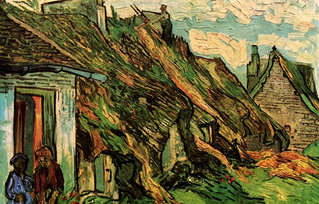 Фото обои Vincent van Gogh, Cottages, in Chaponval, Thatched Sandstone