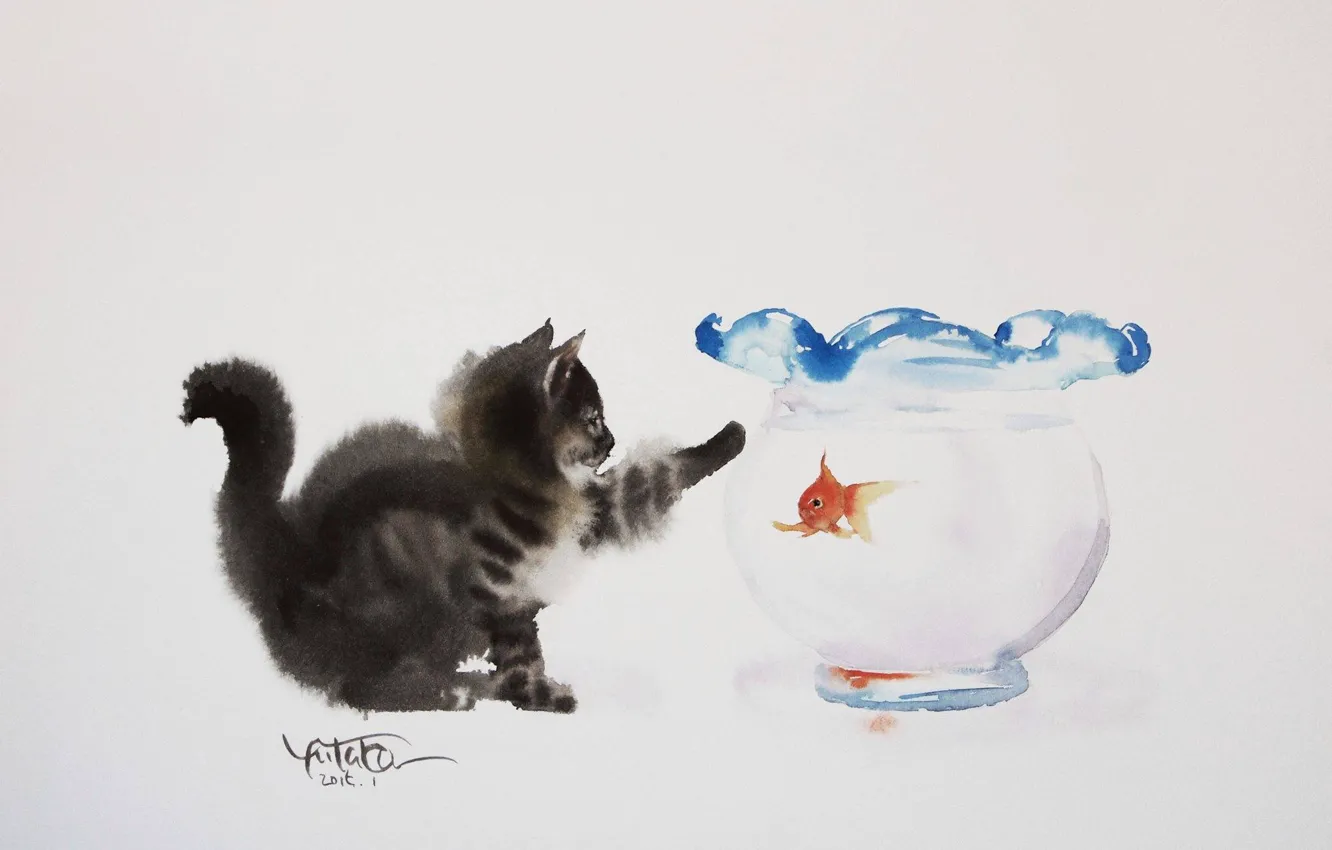 Фото обои котенок, рисунок, аквариум, акварель, золотая рыбка, живопись, картинка, Ютака Мураками