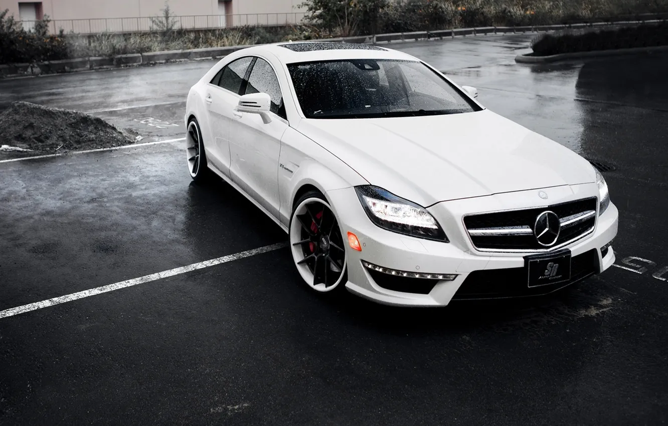 Фото обои белый, мокрый, Mercedes, cls63, adv 15