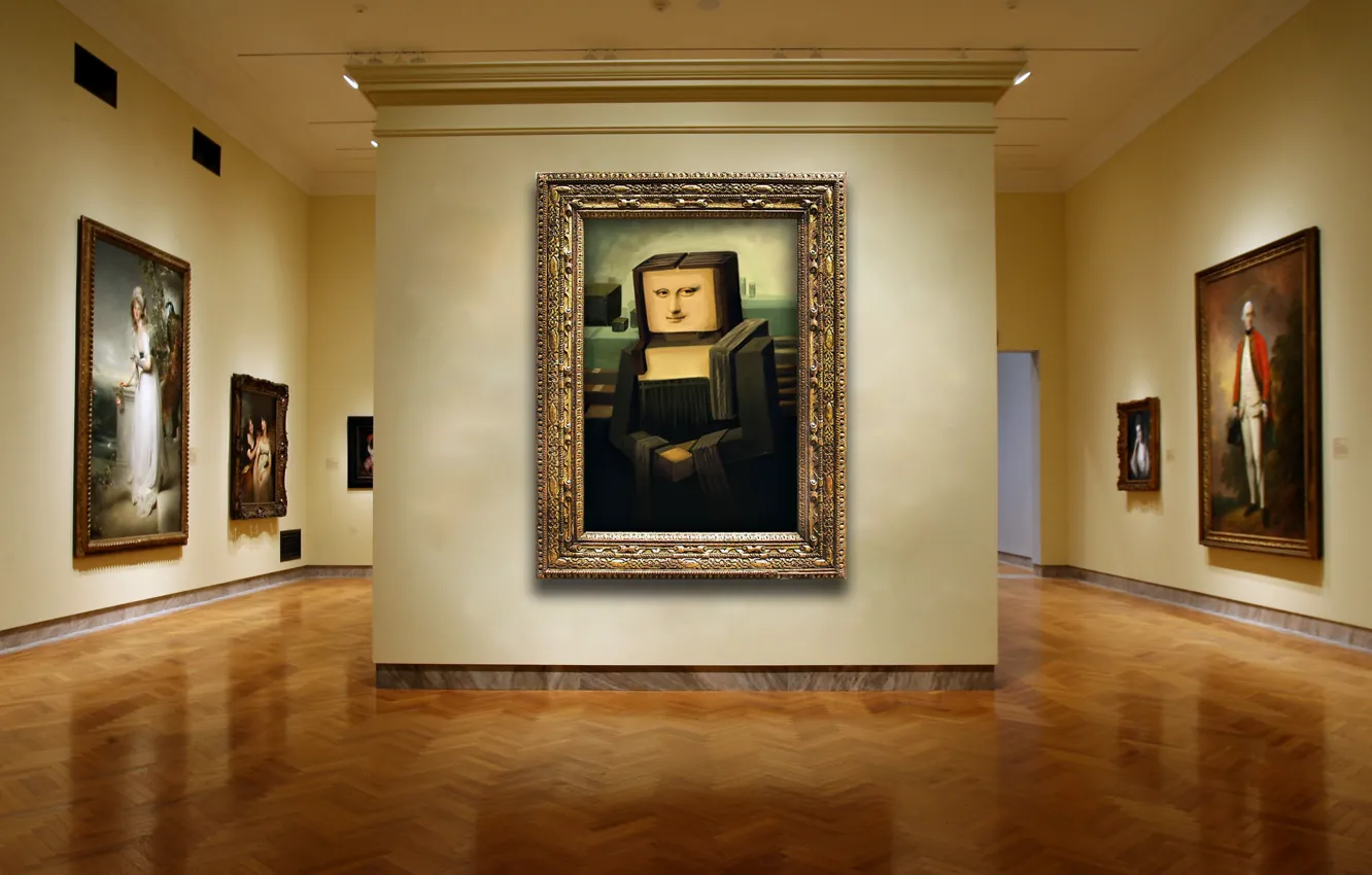 Фото обои стена, галерея, картины, кубизм, мона лиза