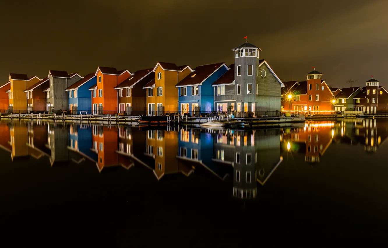 Фото обои огни, вечер, подсветка, канал, Нидерланды, Голландия, Groningen
