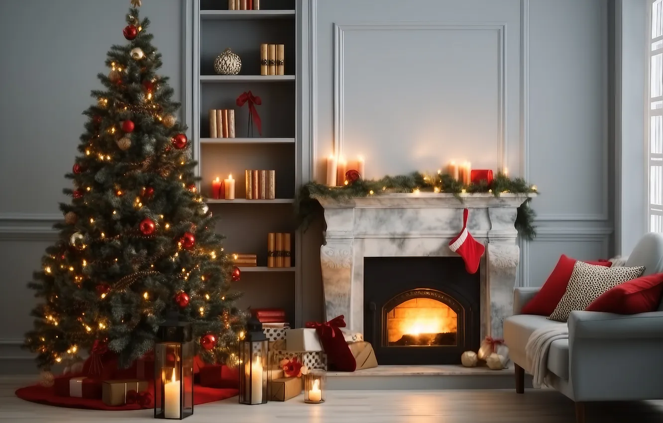 Фото обои комната, елка, интерьер, Рождество, Новый год, камин, Christmas, view