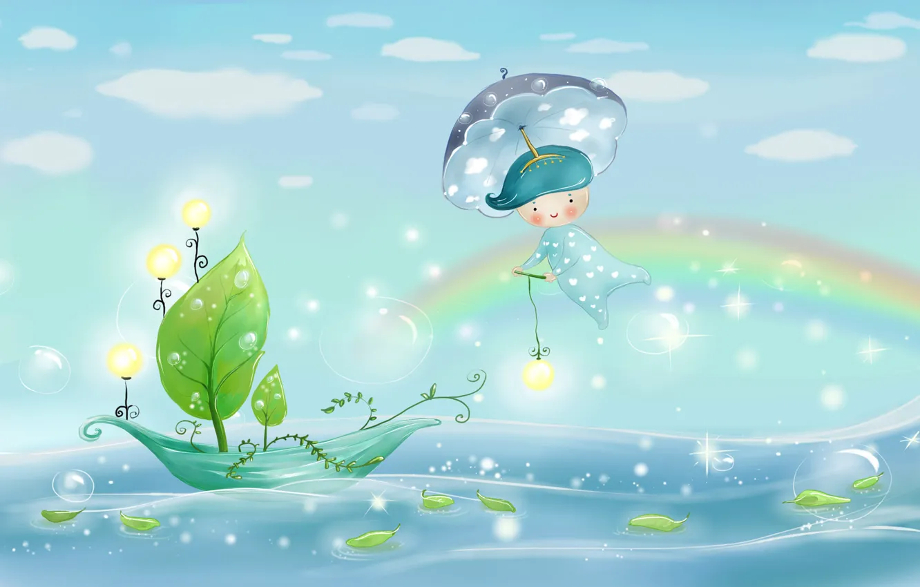 Фото обои море, небо, листья, вода, свет, природа, пузыри, дождь