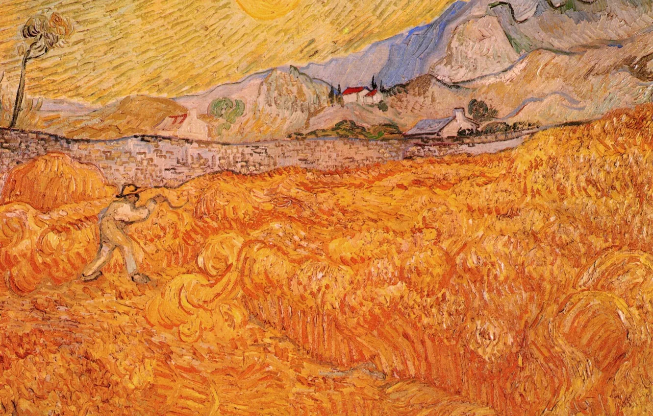 Фото обои солнце, Vincent van Gogh, Wheat Fields, рабочий в поле, with Reaper at Sunrise