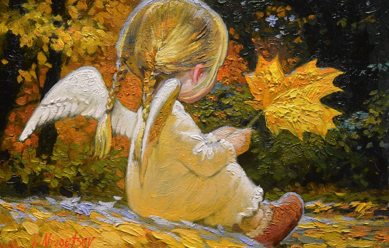 Фото обои осень, спина, косички, крылышки, кленовые листья, ангелочек, маленькая девочка, Виктор Низовцев