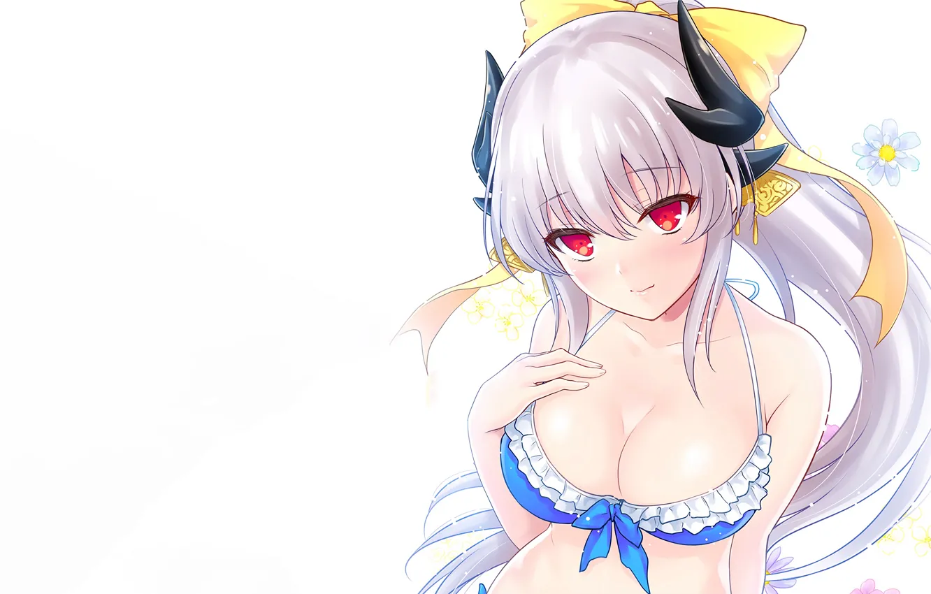 Фото обои girl, sexy, cleavage, horns, long hair, boobs, anime, beautiful