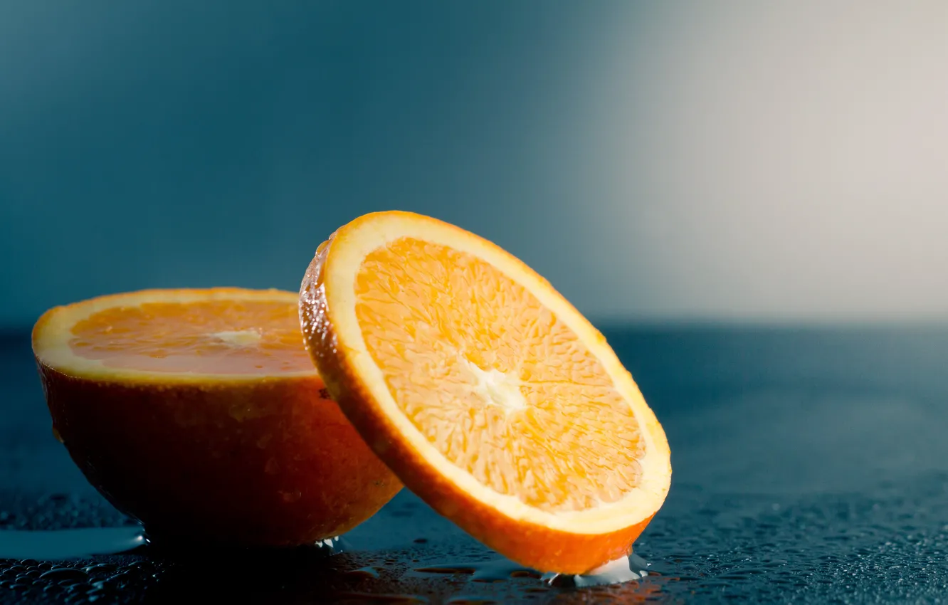Фото обои мокро, капли, апельсин, еда, долька, фрукт, цитрус