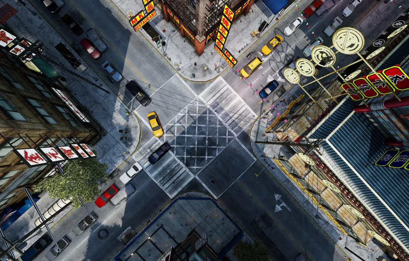 Фото обои машины, перекресток, китайский квартал, Grand Theft Auto IV