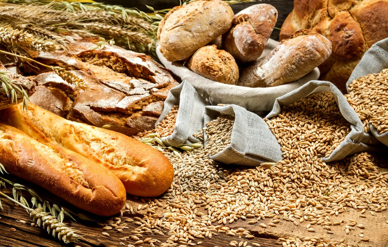 Фото обои пшеница, белый, зерно, колоски, хлеб, колосья, мешочки, батоны