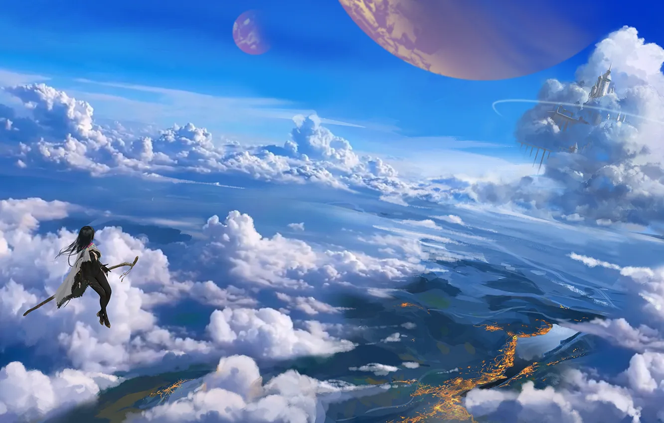 Фото обои небо, девушка, облака, замок, планеты, фэнтези, посох, летит