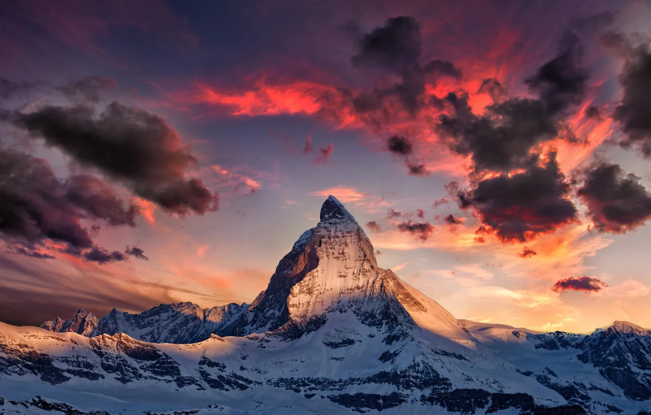 Фото обои зима, снег, пейзаж, рассвет, гора, Альпы