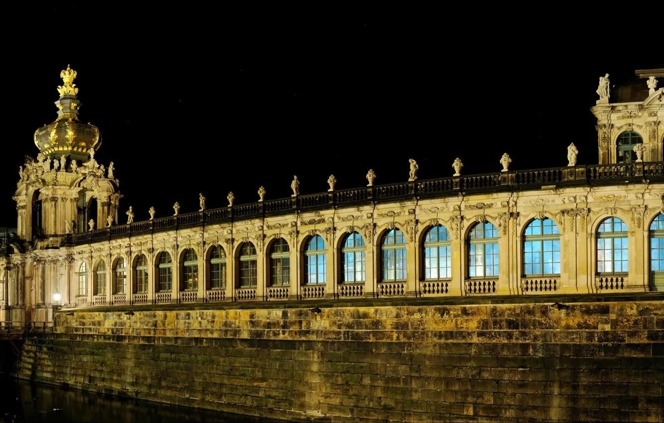 Фото обои ночь, мост, огни, Германия, Дрезден, фонари, канал, архитектура