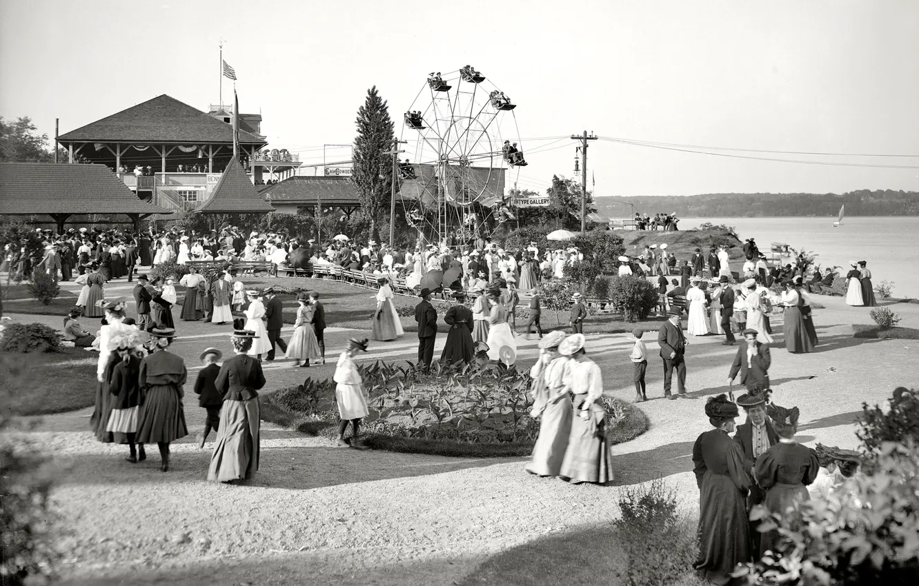 Фото обои ретро, парк, люди, колесо обозрения, США, выходной, 1904-й год