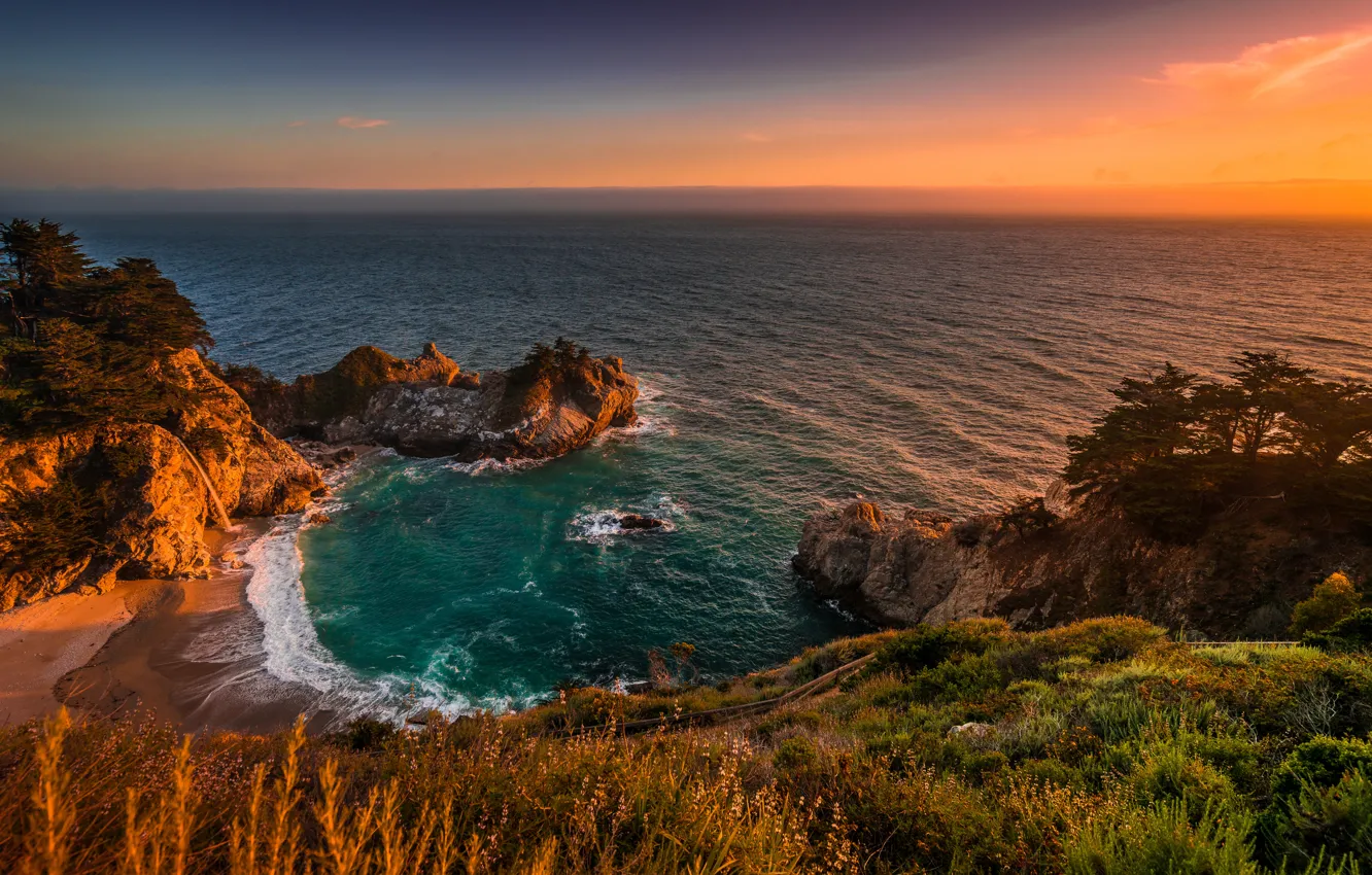 Фото обои океан, скалы, побережье, водопад, Pacific Ocean, California, Тихий океан, Big Sur