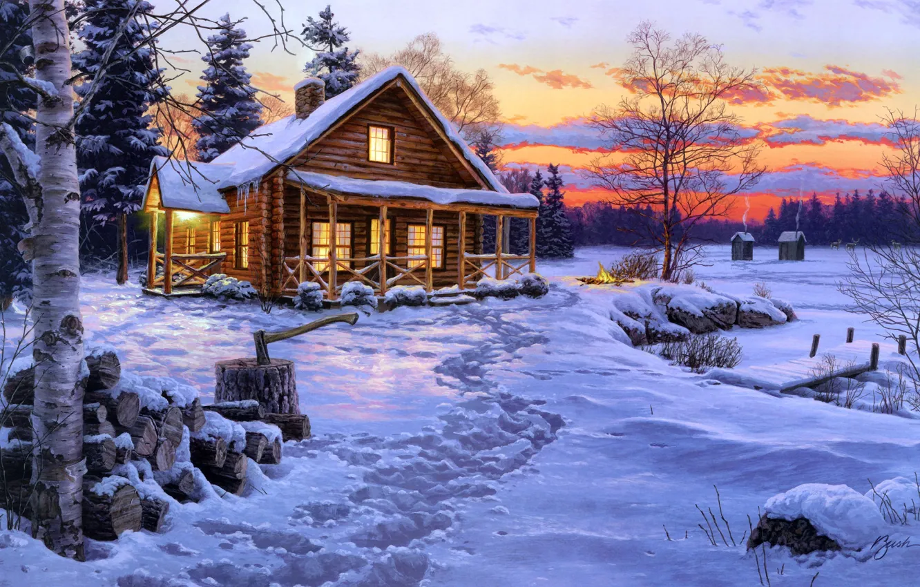 Фото обои зима, снег, дом, огонь, ель, вечер, костер, дрова