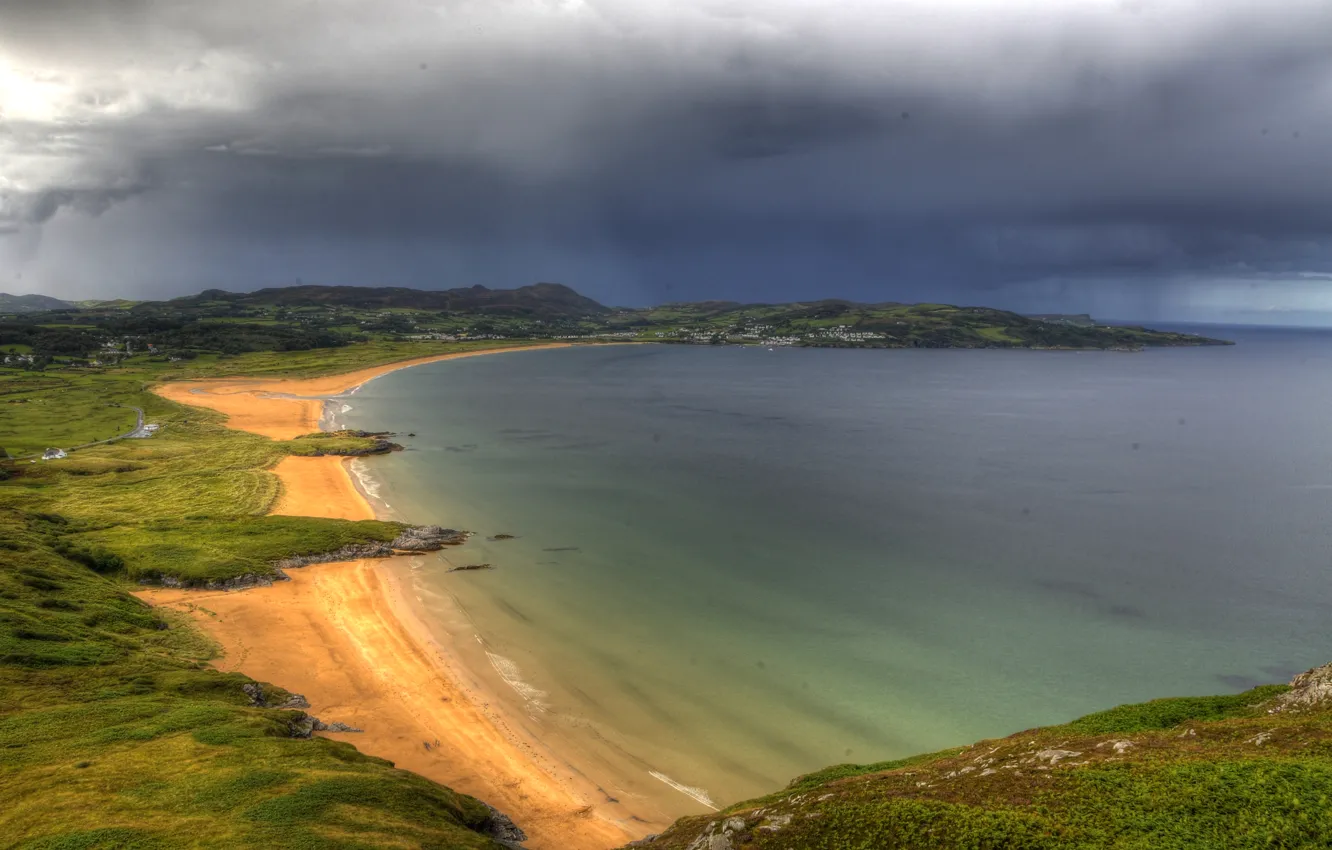 Фото обои море, тучи, побережье, бухта, панорама, Ирландия, Donegal, Portsalon