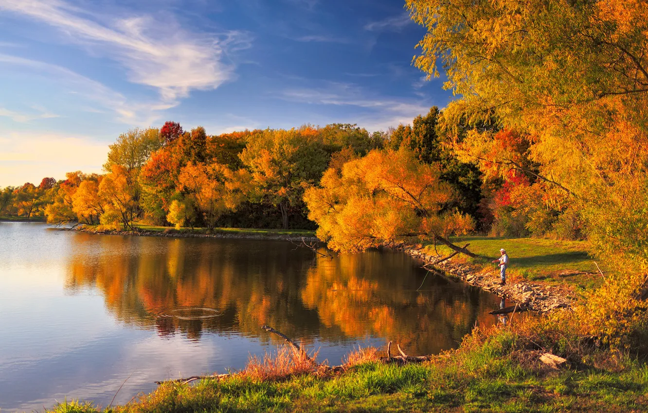 Фото обои деревья, отражение, берег, рыбалка, рыбак, мужчина, водоем, золотая осень