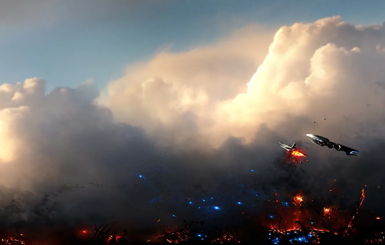 Фото обои облака, город, огонь, транспорт, корабли, арт, космические, Alberto Vangelista