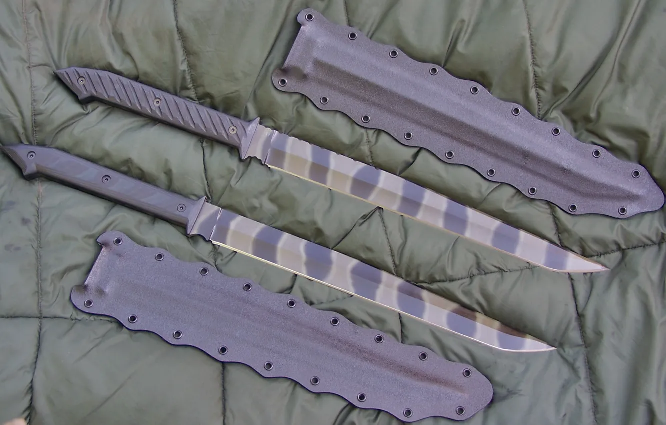 Фото обои серый, хаки, нож, ткань, Ножи, камуфляж, ножны, тесаки