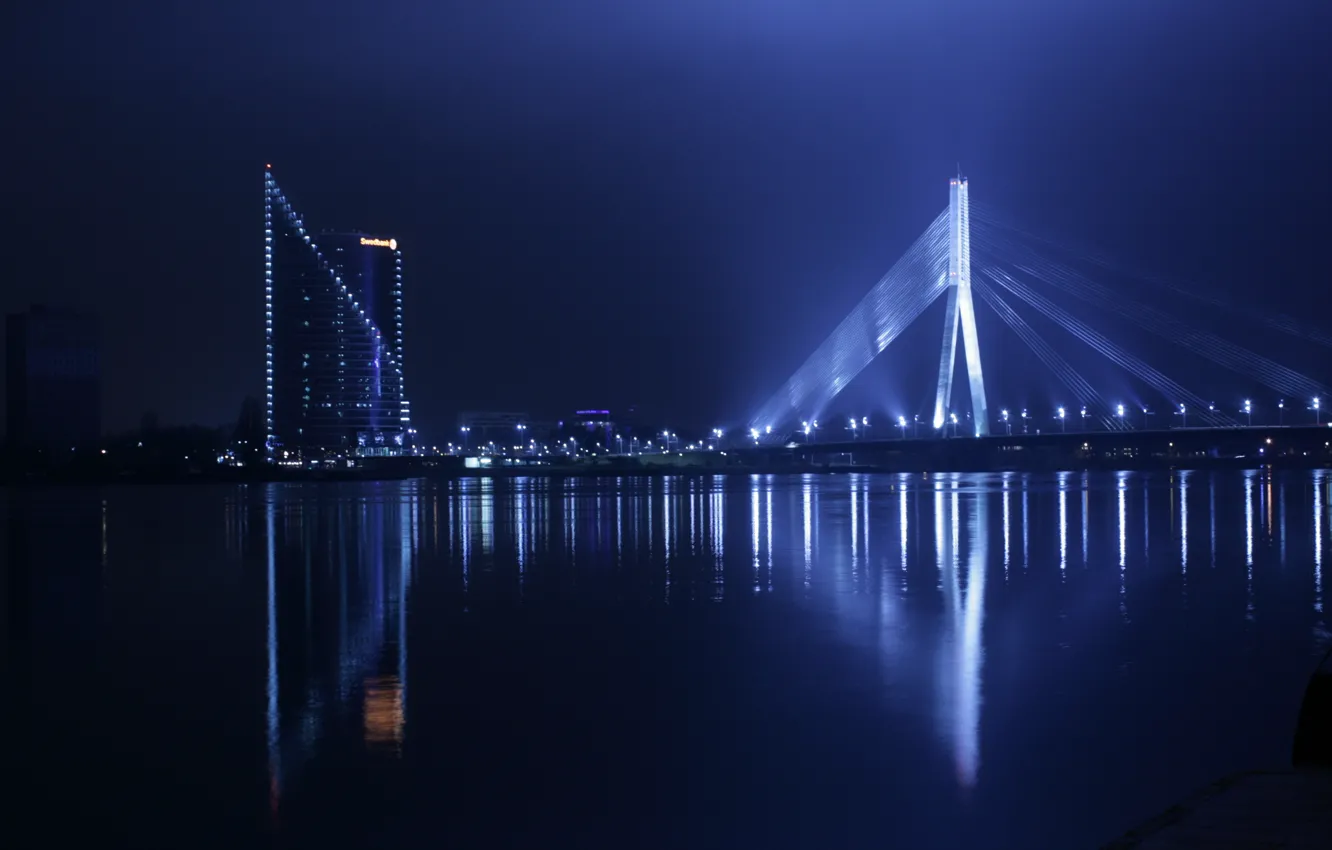 Фото обои lights, bridge, water, night, staro Riga, Daugava, Riga