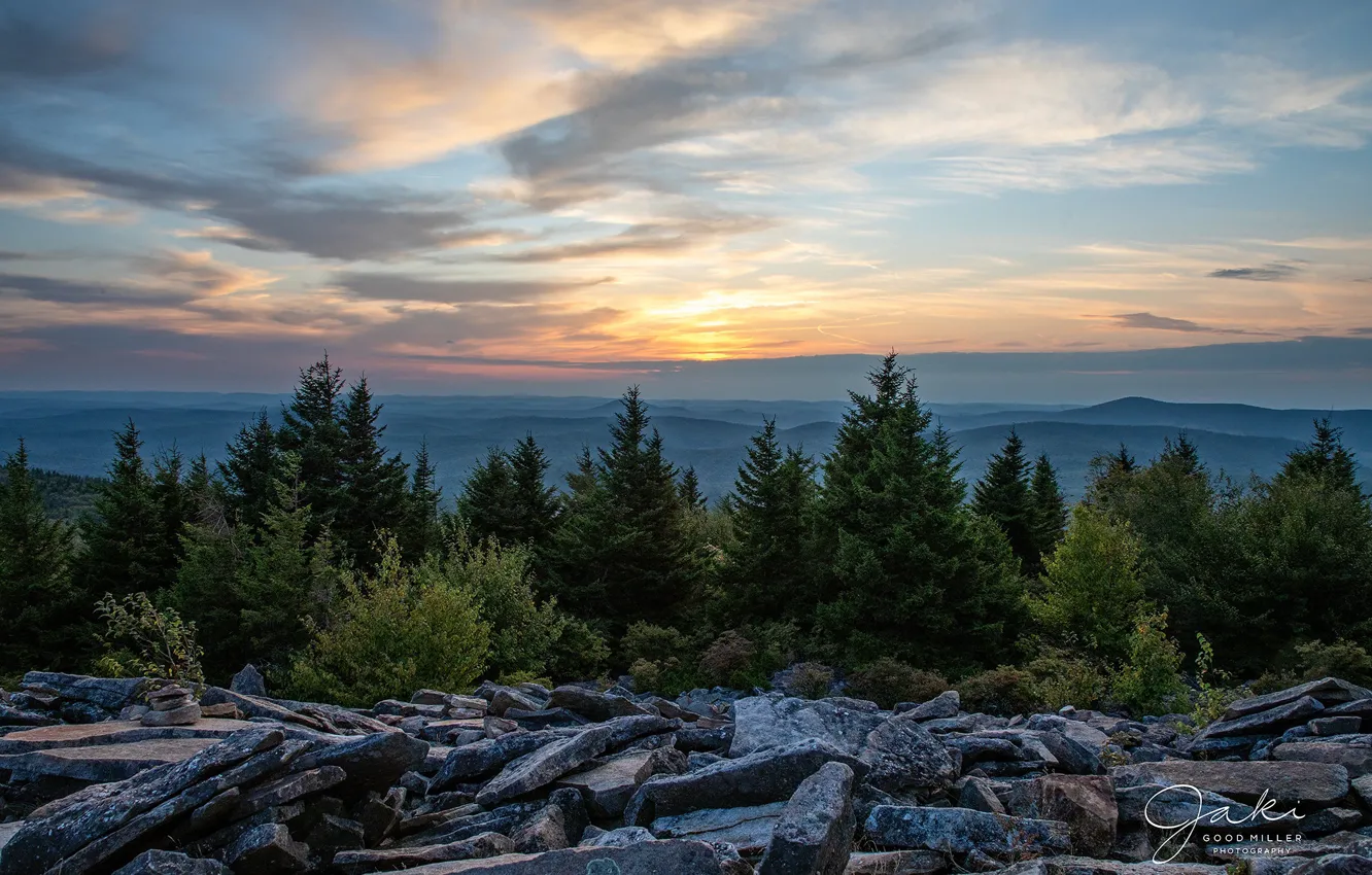 Фото обои лес, небо, деревья, закат, горы, камни, возвышенность, West Virginia