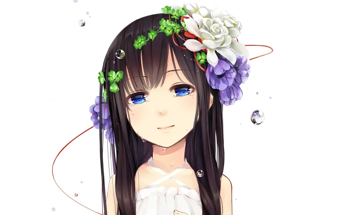Фото обои капли, цветы, улыбка, Девочка, нить